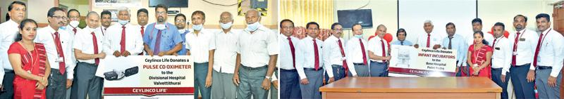 Ceylinco Life Directors led by Chairman R. Renganathan and Managing Director Thushara Ranasinghe at the presentation of essential medical equipment to the Valvettithurai Divisional Hospital (above) and the Base Hospital in Point Pedro (below).
