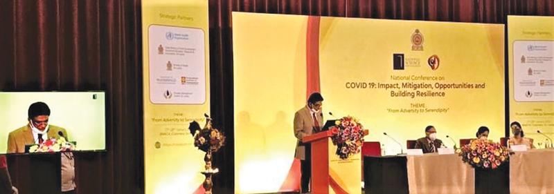 Chairman, NSF, Prof. Ranjith Senarathne, addressing the gathering while Minister of Education Prof. G. L. Peiris, State Minister of Skills Development, Vocational Education, Research and Innovation, Dr. Seetha Arambepola and the Additional Director of the NSF are on stage.