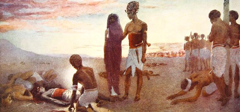 Seqenenre Tao’s mutilated body being retrieved by his Queen and eldest son at the battlefield, painted by Winifred Mabel Brunton (South African, 1880-1959). From Hutchinson’s History of the Nations, published 1915.