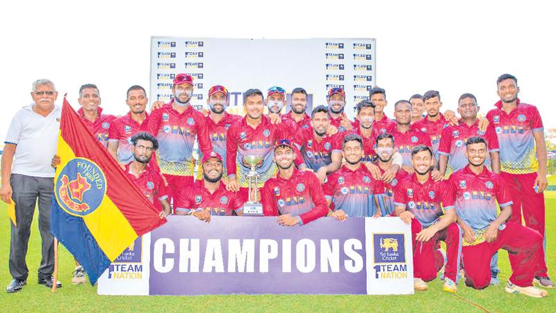 The champion NCC squad comprising Angelo Perera (Captain), Upul Tharanga, Kamil Mishara, Chaturanga de Silva, Lahiru Kumara, Chamika Karunaratne, Hasitha Boyagoda, Dineth Jayakody, Kavin Bandara, Lahiru Udara, Chamika Gunasekara, Sahan Arachchige, Praveen Nimesh, Yugeesha Dishan and Ashain Daniel with the trophy