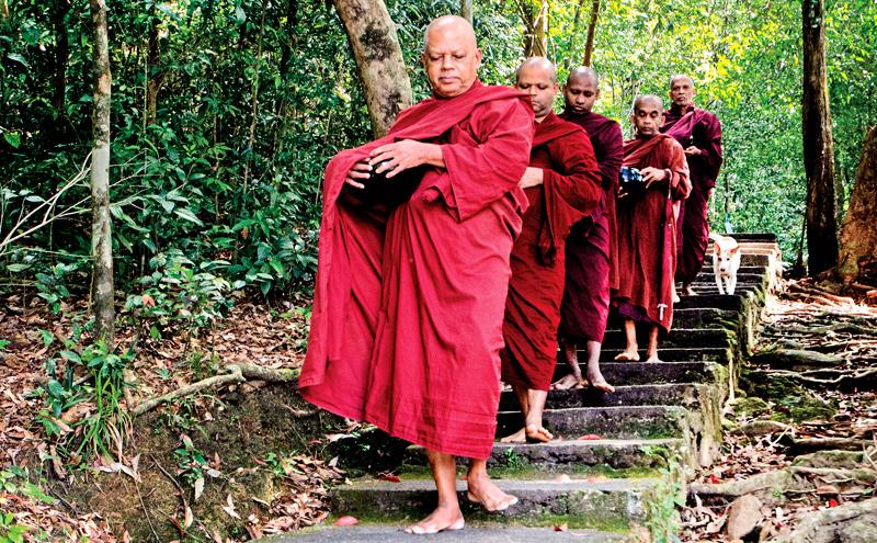 The meditative bhikkhus walk in single file for pindapatha at Dombagaskanda hermitage in Ingiriya