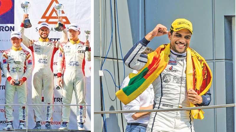 Eshan Pieris on the podium at his debut in the F4 South East Asia in 2017 in the Sepang F1 Circuit-Eshan Pieris after winning an F3 Asian Winter Series Race in 2019 in Malaysia