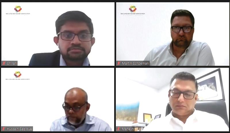 Top (from left): Chief Economist, Ceylon Chamber of Commerce, Shiran Fernando; CEO, Spar Sri Lanka, Martin Schoeman and CEO, JayKay Marketing. Second row (from left): Deputy Managing Director, Hameedia, Hussain Sadique and CEO, Singer Sri Lanka, Mahesh Wijewardene.