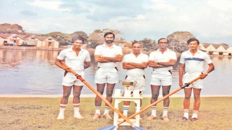 1982 Sri Lanka Army Rowing Team (from left) Lt V Welikala, 1 CR, Major PMK Wickramaratne, SLASC, Major TD Rajapaksa, SLCMP, Major OKP Goonasekara SLAOC (Team Captain), Capt. PP Fernando 1CR, Absent – Lt N Fernando, 1CR