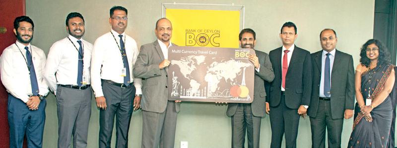 The Bank of Ceylon’s Chairman Kanchana Ratwatte and the General Manager D.P.K. Gunasekera (Middle) officially launching the newly upgraded Multi Currency Travel Card. DGM International Treasury and Investment J.M.N. Jeewantha, AGM A.W.R. Thushantha and other bank officials are also in the picture.