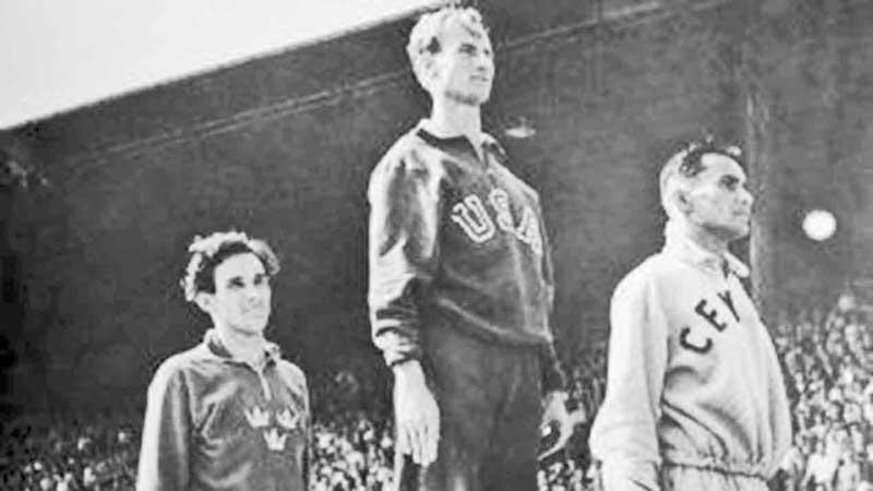 440 yards Hurdles at London Olympics 1948. From left: R Larsson (Sweden), Roy Cochran (USA) and Duncan White (Ceylon)