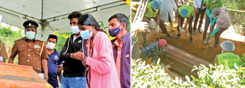 The body of Ishalini Jude, the domestic aide who committed suicide by setting herself on fire, was exhumed at the Dayagama public cemetery in Kandy on Friday for the second postmortem at the Peradeniya Teaching Hospital. Here her mother and relatives waiting to identify the body. (On right): The body being exhumed.  (Pic: Lake House Kandy branch)