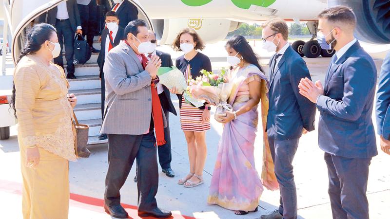 Sri Lankan Embassy and Italian officials welcome Prime Minister Mahinda Rajapaksa and Madam Shiranthi Rajapaksa at the Guglielmo Marconi International Airport in Bologna, Italy on Friday. During his state visit, the Premier will deliver the keynote address at the Inaugural Session of the G20 Interfaith Forum Italy-2021 which will commence in Bologna, Italy today, September 12. The Prime Minister’s visit will also include several other high-level diplomatic meetings. 