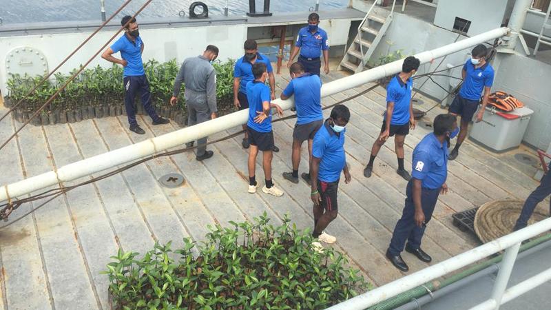 A ship transported the mangrove saplings from the Tokyo Cement Mangrove Nursery in Trincomalee to Jaffna