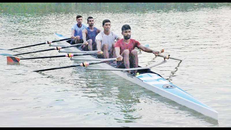 The Sri Lanka men’s Quad ESJJN Premakumara (bow), KSTSN Kariyawasam (2), AMDPK Bandara (3) and AN Madusanka (scull) training at the Diyawanna Rowing Centre (Pix by Sudath Malaweera)