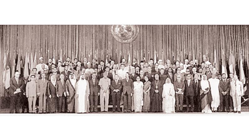 The opening ceremony graced by 96 heads of state. Prime Minister Sirimavo Bandaranaike is in the centre flanked by Mrs. Indira Gandhi Prime Minister of India and Anwar al Sadat President of Egypt