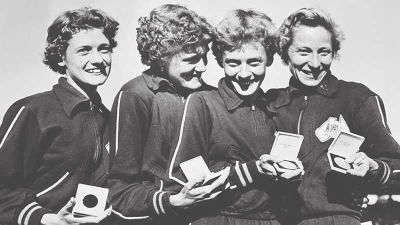 From left: Fleur Mellor, Norma Croker, Betty Cuthbert and Shirley Strickland, the Australian women’s 4x100m team