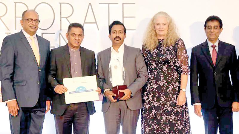 At the presentation of the awards. From left: Chairman Ceylon Chamber of Commerce, Vish Govindasamy,   General Manager, SLT, Anuruddha Suriarachchi,  Chief Marketing Officer, SLT, Prabhath Dahanayake, Ambassador of Norway to Sri Lanka, Trine Jøranli Eskedal and Vice Chairman, Ceylon Chamber of Commerce, Duminda Hulangamuwa. 