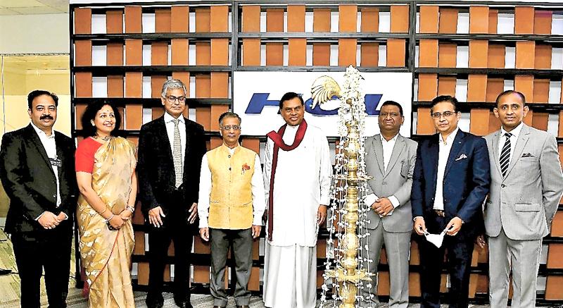 Finance Minister Basil Rajapaksa with Indian High Commissioner Gopal Baglay, CFO, HCL Technologies, Prateek Aggarwal, Corporate Vice President, HCL Technologies, Srimathi Shivashankar John Keells Chairman Krishan Balendra and officials at the opening of the HCL facility.