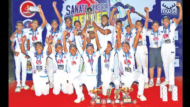 Champions: The champions Masters Blasters celebrating on the podium with coach Chamara Guruge. The team comprised Sadew Wijesekera, Dulneth Algawatta, Tharusha Sandeep, Thevidu Wewalla, Kawhshika Kumarasinghe, Tej Ramaswamy, Akith Jarundika (captain), Dunitha Sethnal, Kakeru Hennayake, Akaine Ubayasiri, Anuja Daham, Chanul Athale