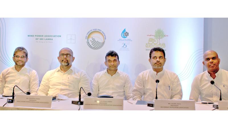 From left: Wind Power Developers Association Secretary Manjula Perera, Small Hydro Power Developers Association, President Thusitha Peiris, Ground Mounted Solar Developers Association, President Lasith Wimalasena, Bio Energy Developers Association, President Chamil Silva and Solar Industries Association President Kushan Jayasuriya at the media briefing.