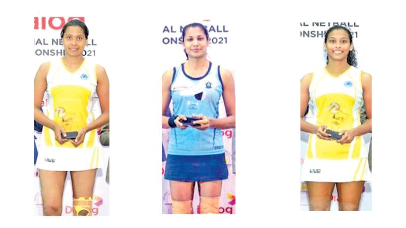 The best players, (from left) Dharshika Abeywickrama (best shooter), Chaturangi Jayasuriya (best defender) and Gayanjali Amarawansa (best center court player) with their awards