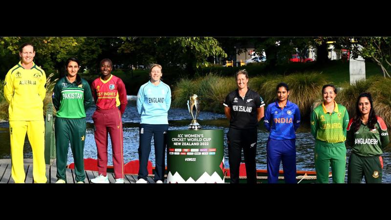 The captains of the eight teams Australia, Pakistan, West Indies, England, New Zealand, India, South Africa and Bangladesh pose with the trophy