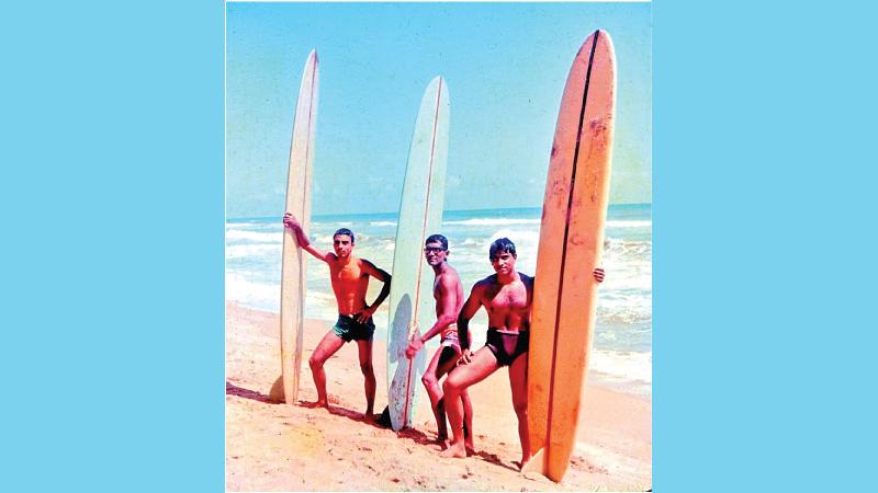 Jan Vandendriesen, Jan Prins and Anil Amarasekara made up part of the ‘surf gang’ at Pinwatta beach near Panadura in 1968 (Source: Mayura Boteju)