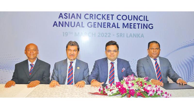 From left: Mahinda Vallipuran (Malaysia Cricket Association), Pankaj Khimji (vice president of the ACC), Jay Shah (president of the ACC) and Shammi Silva (president Sri Lanka Cricket) at yesterday’s annual general meeting of the ACC in Colombo