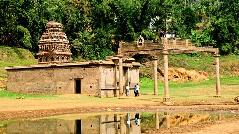 The Sri Kathireshan Hindu temple on the reservoir bed of Maussakele