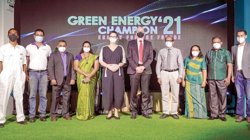 Green Energy champions (from left): Founder of Rhoda, Eyas Fazul, Founder of Sanota, Sahan Ranasinghe, Founders of Ecosteem, Balachandran Ramesh and Rathypriya Ramesh, Country Director of GIZ Sri Lanka, Christiane Einfeldt, German Ambassador Holger Seubert, Chairman, Sri Lanka Sustainable Energy Authority, Ranjith Sepala,  Founders of Eco Tech Base, Sriyani Wijethilaka and Rohitha Ananda and CEO of Route Sonar, Chamara Gomes.