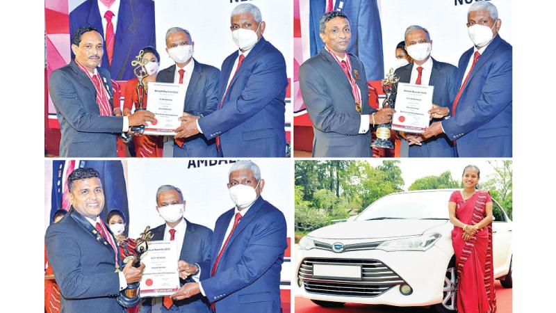   Ceylinco Life Chairman R. Renganathan and Managing Director/CEO Thushara  Ranasinghe  present the awards  to  the Best Branch Head, Best Unit Head, and Best Sales Consultant at  the  Company’s  Annual  Awards ceremony. Ms T. Shopana with the Hybrid Sedan she received.