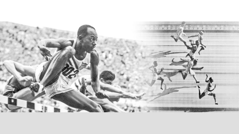 Harrison Dillard in action-The first photo finish in Olympic history as Dillard wins the 100 metres hurdles