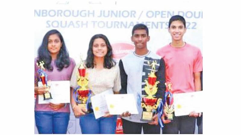 Award winners with their trophies (from left) Anargi Perera – U-19 Girls Runner-up, Shenaya Siriwardena – Champion U-19 Girls, Thinura Randina – Champion U-19 Boys, Seniya Jayathileka – U-19 Boys Runner-up