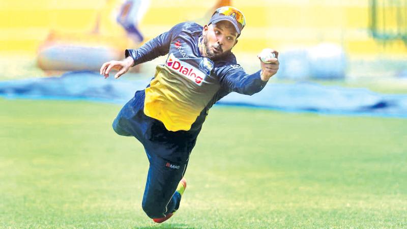 Wanindu Hasaranga de Silva fields at a practice session yesterday after a successful Indian Premier League season