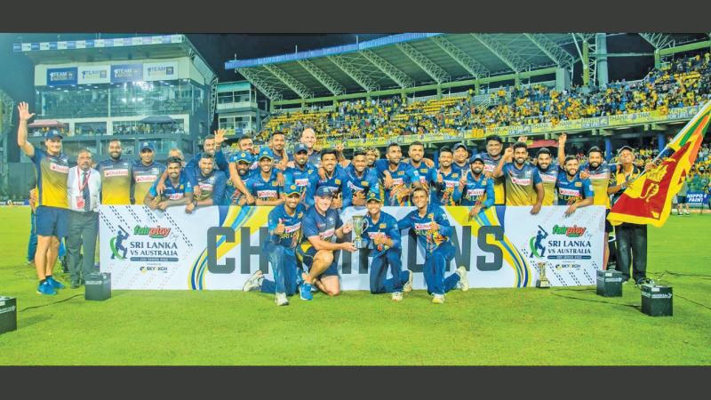 The Sri Lanka team celebrate winning the five-match ODI series against Australia 3-2 at the Premadasa Stadium in Colombo on Friday night ahead of the Test series starting in Galle on Wednesday