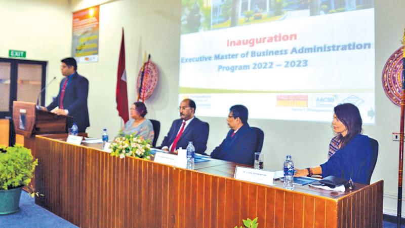 Members of the Head Table at the launch. From left: Ms Himaja Wijenayake, Country Manager of Looklet and Gold Medalist of 2018, Dr Trevor Mendis, Senior Management Consultant Program Coordinator for EMBA & MPA, Dr. Senaka Kelum Gamage, Director, PIM, and Dr. Linda Speldewinde Founder and Chairperson of AOD / Design Corp Group of Companies