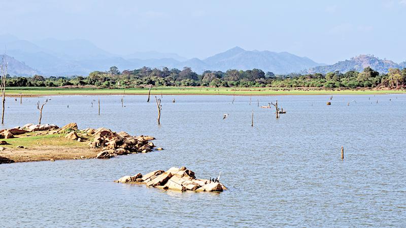 The Handapanagala tank in Wellawaya with  the looming mountains  of Uva in the background