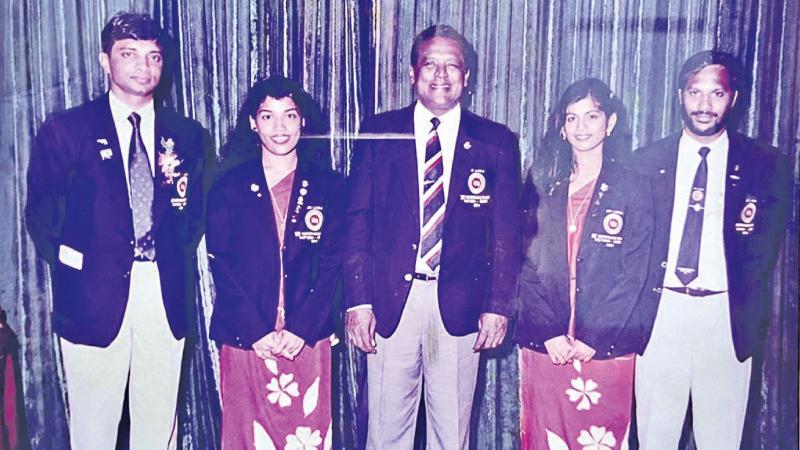 Sri Lanka’s medal winning shooting team at the XV Commonwealth Games 1994 Victoria, Canada (from left) Lt Col Lucky Rajasingha (team silver), Sgt Pushpamali Ramanayake (team gold), DIG Sumith Liyanage (manager), Cpl Mali Wickramasingha (team gold) and Lt DH Chandrasiri (team silver)