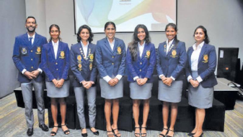 The Sri Lanka girls’ squad for the Billie Jean King Cup tournament. From left: Gayanga Weerasekera (coach), Hasali Gajaba, Angalika Kurera, Rukshika Wijesooriya, Neyara Weerawansa, Janali Mannamperi and Sujani Bogollagama (manager)