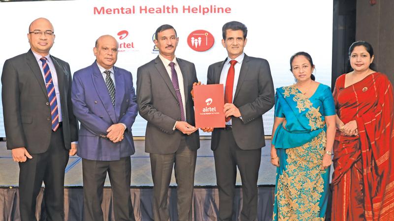 (From left) NIMH, Deputy Director, Dr. Arosha Wijewikrama, Ministry of Health, Additional Secretary, Medical Services, Dr. Sunil De Alwis, Ministry of Health, Secretary, Janaka S. Chandraguptha, Airtel Lanka, CEO and Managing Director, Ashish Chandra, NIMH, Director, Dr. Dhammika Wijesinghe, NIMH, Senior Consultant Psychiatrist, Dr. Pushpa Ransinghe. 