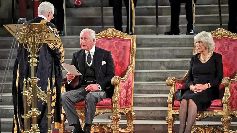 King Charles was accompanied by his wife the Queen Consort while he addressed MPs and peers