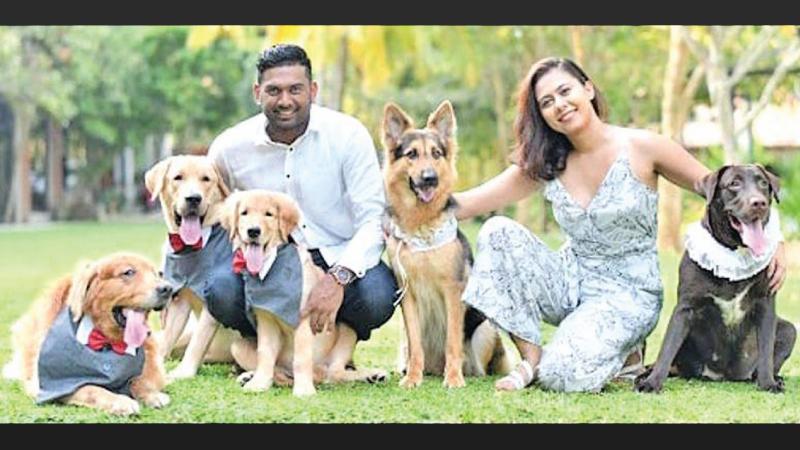 Bhanuka and his charming wife Sandrine with many of the dogs they love, which include Alvin, Brandie, Mocha, Riley, Theodore and Abbie