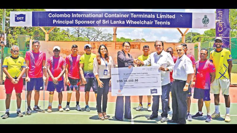 CICT Senior General Manager - Marketing & Commercial Catriona Jayasundera presents the sponsorship to SLTA president Iqbal bin Issack and General Secretary Pradeep Goonasrepresentatives of CICT and SLTA