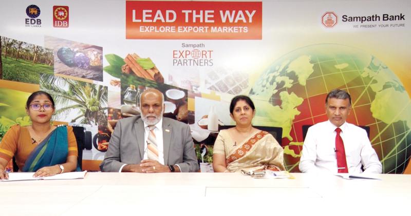 From left: Moderator Sayuri Rathnayake along with presenters at the webinar , EDB Chairman Suresh D Mel, Senior Deputy General Manager, International Banking, Sampath Bank, Shashi Kandambi Jassim andDirector General, IDB, Priyanka Rathnamalala