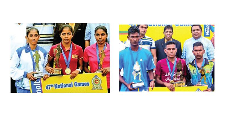 Women’s winners with their trophies: (from left) Dinusha Dilhani (silver), Kalhari Madrimaka (gold) and PB Gayani (bronze)-Men’s winners with their trophies: (from left) HMS Ravindra Heart (silver), R.D. Rukmal (gold) and Sadun Lakmal (bronze)