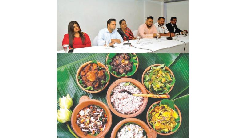 Ramada Colombo announced the Jaffna Food Festival, Yaal Virindu at a press conference on Friday. (From left) PR and Communication Manager Vihangi Weerasinghe, General Manager Wasim Cader, Thushara Innasithambi and  Danu Innasithambi of My Sister’s Kitchen, Ramada’s Culinary Director  Nuwan Silva and Food and Beverage Director Iyantha Abeysinghe.