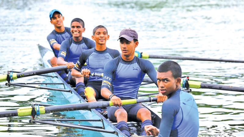 The Thomian under-16 fours team of Nithik Senaratne, Shevan Udugama, Cayden Perera, Vijuk Senaratne and Thehan Sithamparam (Cox) after winning the race (Pic by Chinthaka Kumarasinghe)