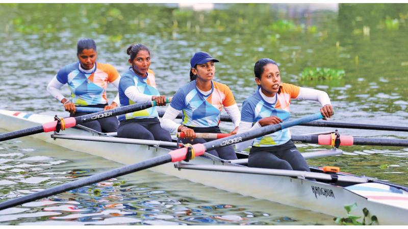 The Army women who emerged winners in the Fours event S.K. Weerakoon. J.H.S. Liyanage, W.V. Lakshani and T.I.S. Mendis (Pic by Chinthana Kumarasinghe)