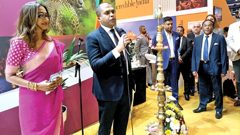 Minister Harin Fernando with Sri Lanka’s Ambassador to London Saroja Sirisena at the WTM.