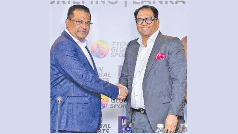Sri Lanka Cricket President Shammi Silva (left) and Shaji ul Mulk the chairman of T Ten Global Sports at the launch of the Lanka T10 in Colombo