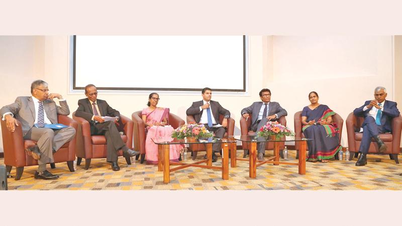 Panel discussion in progress. (From left):  N. R. Gajendran, D. R. S. Hapuarachchi, Ms. Thanuja Perera, Tishan Subasinghe,  Thilan Wijesinghe, Ms. Sharmila Jayasekara and Mahendra Jayasekara.