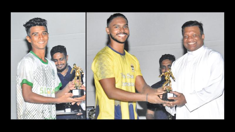 Old Bens Veterans man of the match Mahesh Selvaratnam (left) and Rev. Bro. Pubudhu Rajapakse (right), Director St. Benedict’s College presenting the special award to Old Petes under-40 best player Shabir Razoonia