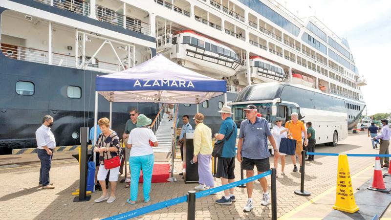 Visitors leave the cruise ship ‘Azamara Quest’ for organised tours to Yala, Bundala, Kataragama, Mulkirigala and Udawalawe wildlife park. Some also explored Hambantota by local tuk-tuks