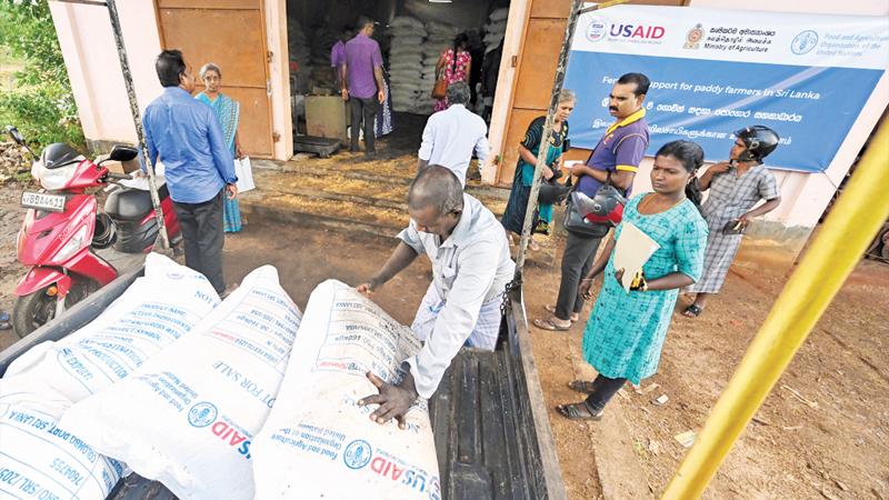 Farmers collecting bags of urea fertiliser, procured by FAO through USAID funding, from the Pampaimadu Agrarian Services Center, Vavuniya. 9,300 tonnes of urea fertiliser is currently being distributed to over 180,000 smallholder paddy farmers in eight districts across Sri Lanka.